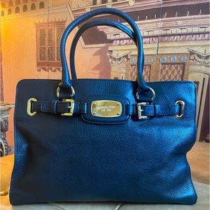 MICHAEL KORS LARGE BLACK LEATHER SATCHEL GOLD HARDWARE